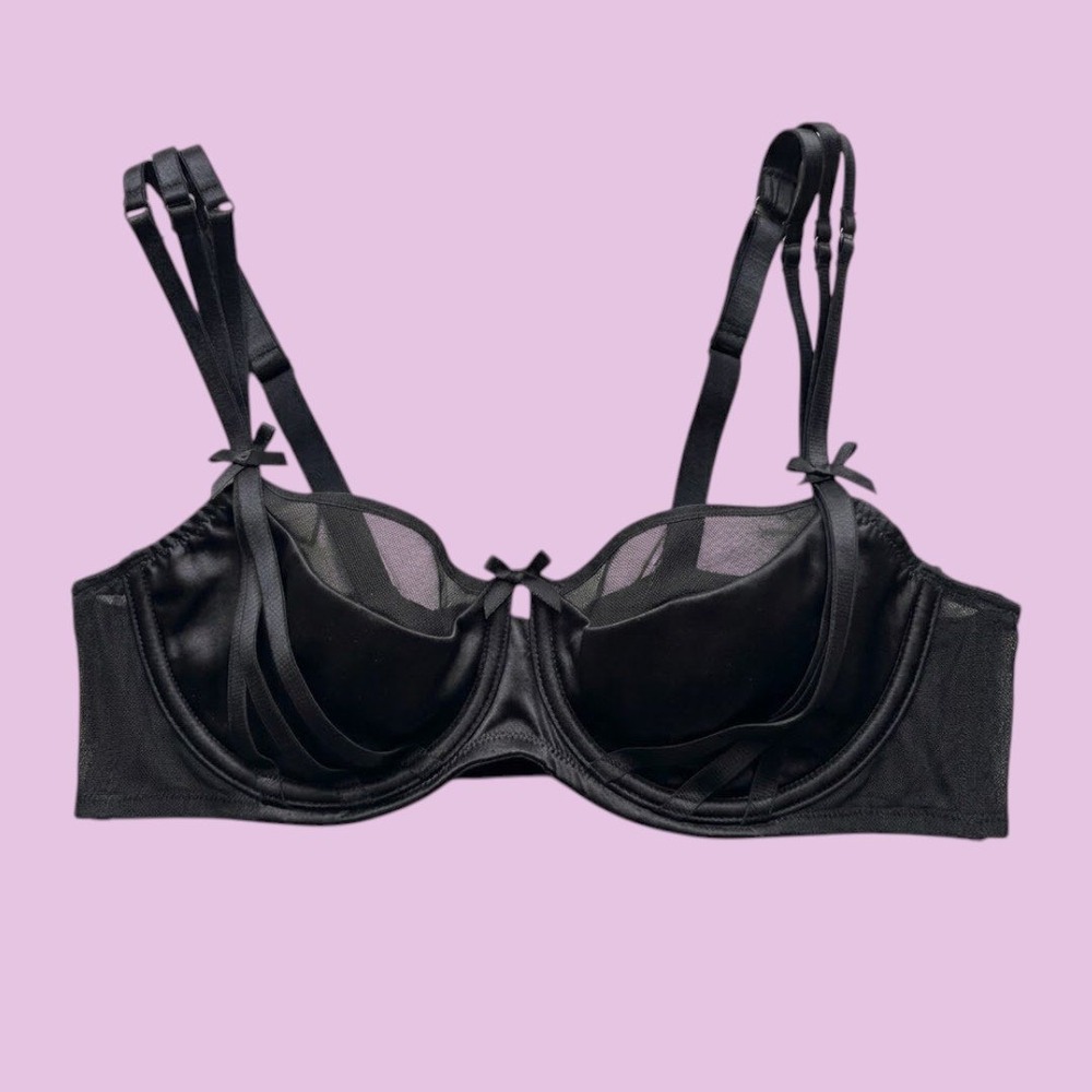 Black Strappy Mesh Underwire Bra Satin Multi Strap Edgy Lingerie 40D - Picture 1 of 5